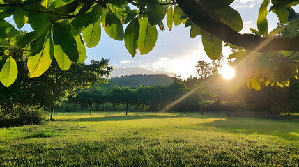 Wall Mural - Sunlight streaming through leaves onto a grassy landscape in a serene natural setting