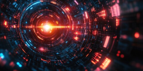 Poster - Circular tunnel illuminated with red and blue lights creating a vibrant visual effect