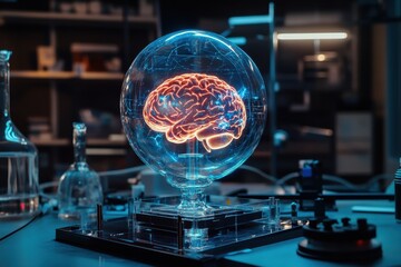 Poster - research laboratory displays a holographic brain professional photography . a brain model positioned