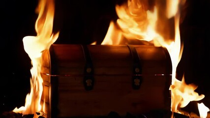 Poster - Wooden treasure chest burning intensely, wooden surface consuming in fiery inferno against stark black background, symbolizing total destruction and mysterious loss of valuable artifact