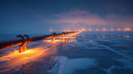 Poster - A long pipeline is highlighted by glowing orange lights, extending across a snowy and icy terrain during nighttime. A tranquil, colorful sky adds to the chilly atmosphere.