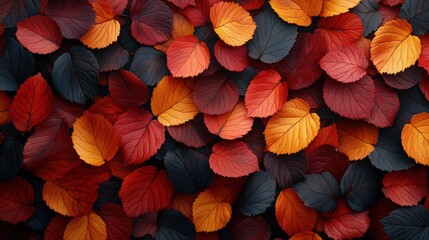 Poster - Colorful autumn leaves arranged on a black background creating a vibrant natural pattern