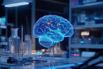 Poster - research laboratory displays a holographic brain professional photography . a brain model positioned