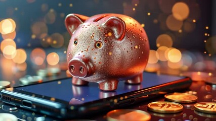 Poster - Piggy bank on smartphone surrounded by coins reflecting bokeh lights in 4k footage