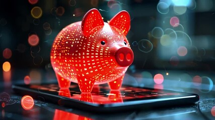 Poster - Digital innovation in finance showing a virtual piggy bank on a smartphone with a futuristic design