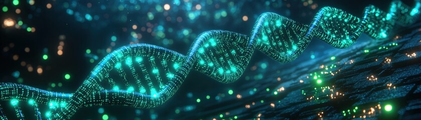 Poster - Dna molecule illuminated with glowing green and blue lights representing genetic structure and data