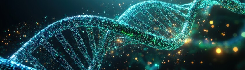 Poster - Glowing dna molecule with bright lights on a dark background in a scientific illustration
