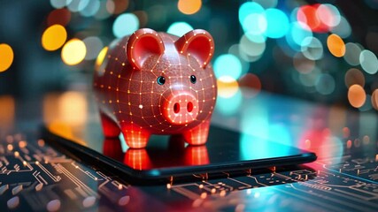 Poster - Piggy bank sits on a smartphone amidst vibrant digital lights in a high-tech setting