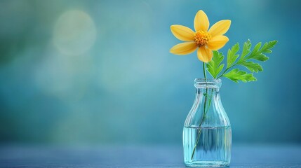 Wall Mural - Yellow flower in glass vase against soft blue backdrop