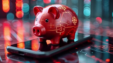 Poster - Piggy bank with digital design on smartphone screen in a modern financial setting