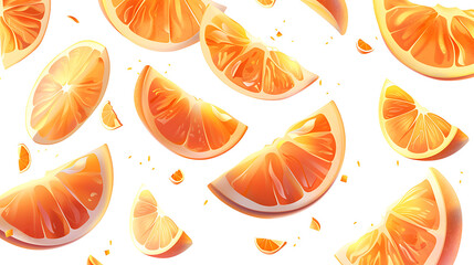 Wall Mural - Falling juicy orange slices with vibrant colors, isolated on a white background. 