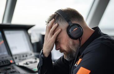 Wall Mural - an air traffic controller wiping sweat from his forehead after resolving a critical sit
