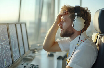 Wall Mural - an air traffic controller wiping sweat from his forehead after resolving a critical sit