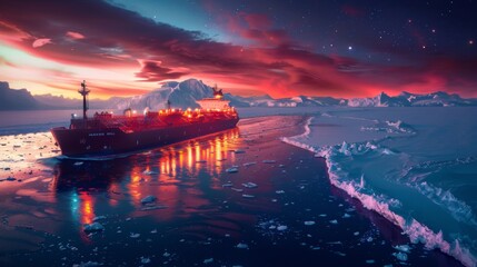 Poster - An icebreaker ship moves through icy waters, leaving a trail behind as the sky transforms with vibrant colors at twilight, surrounded by glaciers and serene reflections.