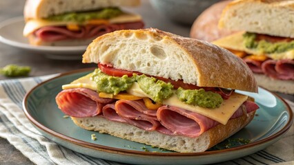 Wall Mural - A delectable sandwich featuring sliced cured meat, cheese, tomato, and a vibrant green spread, nestled between halves of a crusty bread roll.