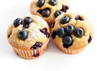 Wall Mural - an image of three blueberry muffins on a white surface.