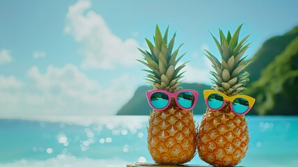 Wall Mural - Two eye-catching pineapples wearing trendy mirrored shades, just right for a sunny tropical island vacation.