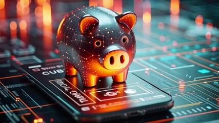 Poster - Digital innovation in finance with a glowing piggy bank on a smartphone displaying network graphics