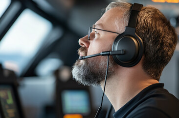Wall Mural - a controller adjusting a headset while coordinating multiple landings during peak traffic hours.