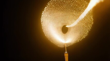 Poster - Glowing golden vortex cannon generating luminous smoke and fire ring, demonstrating mesmerizing fluid dynamics against deep nocturnal darkness