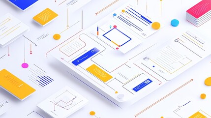 A flat lay of app development workflows, including wireframes and color-coded charts. digital