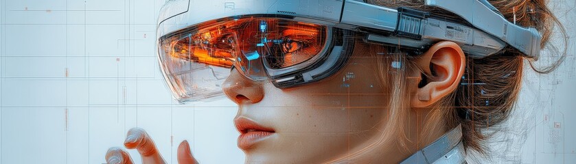 Poster - Woman wearing virtual reality headset engaged in immersive digital experience at home environment