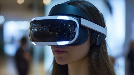 Poster - Woman using virtual reality headset engaged in immersive digital experience indoors