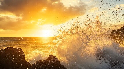 Poster - Sunset over ocean waves crashing against rocky shore, creating a dramatic spray of water.