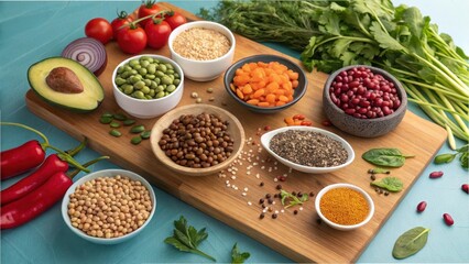 a vibrant array of legumes, seeds, and fresh produce on a wooden board, showcasing the diversity of 