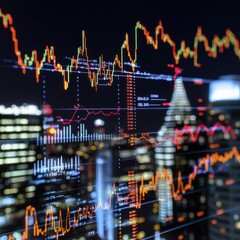 Poster - Financial data overlay on a blurry city background, showing stock market trends with charts