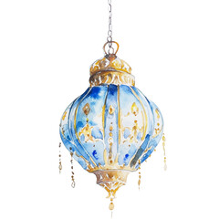 Poster - A watercolor painting depicts a meticulously detailed blue and gold hanging lantern with ornate designs.