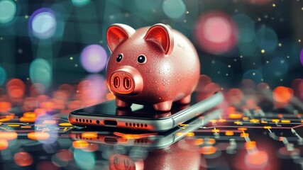 Poster - Piggy bank placed on a smartphone amidst digital graphics in vibrant colors