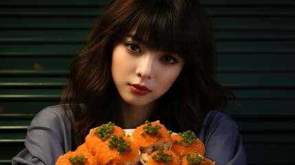 Wall Mural - Close up young happy woman wear orange casual clothes look camera hold eat raw fresh sushi roll Japanese food with chopsticks wink isolated on plain HD 8K wallpaper Photographic Image