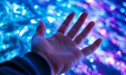 Poster - Hand reaching colorful lights, night, bokeh background, website banner