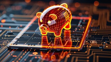 Poster - Digital piggy bank model on a futuristic circuit background showcasing modern finance concepts in vibrant colors
