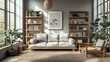 © AFFANYUDA - Sunlight streams into modern living room with sofa, bookshelves, plants
