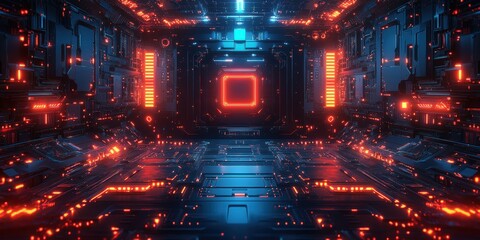 Poster - Futuristic cityscape featuring red lights and a neon blue background at night