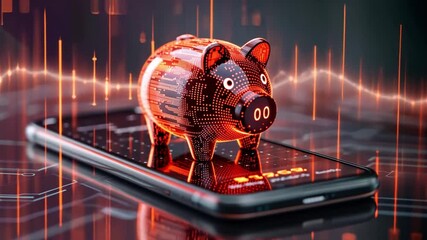 Poster - Innovative digital finance concept with a glowing piggy bank on a smartphone