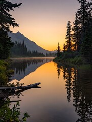 Poster - Tranquil river at sunset, framed by mountains and trees, reflecting warm hues in calm waters.