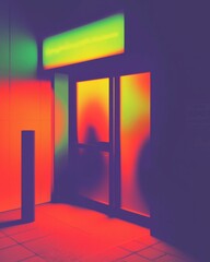 Poster - A brightly lit doorway shines with rainbow colors inside and casts soft reflections on the wall
