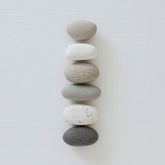 Poster - A vertical line of smooth river stones in grey and white tones on a white background