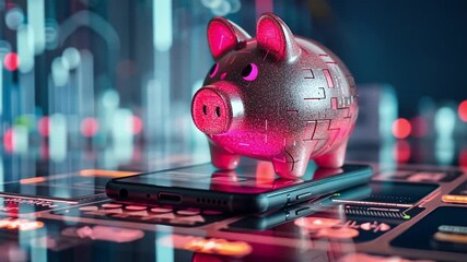 Poster - Creative financial technology setup featuring a piggy bank on a smartphone with modern digital background