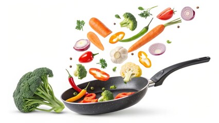a vibrant array of fresh vegetables, including broccoli, carrots, peppers, and onions, gracefully as