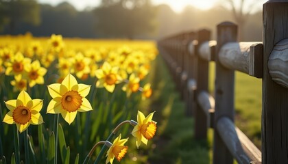 Wall Mural - A field of vibrant yellow daffodils in full bloom stretches alongside a rustic wooden fence, bathed in the warm glow of the setting sun, creating a picturesque and serene scene