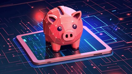 Poster - Modern financial technology visualizing a piggy bank on a digital tablet interface with futuristic designs
