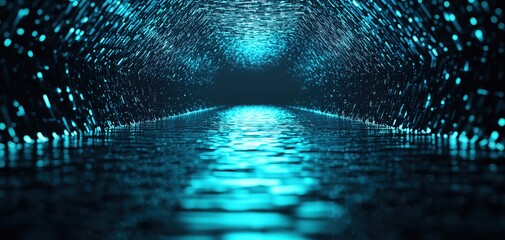 Poster - A mesmerizing underwater tunnel illuminated by vibrant blue lights and reflections.