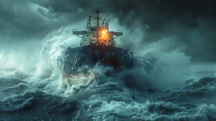Aufkleber - A large cargo ship struggles against massive waves in a stormy sea at night, illuminated by its strong lights. Dark clouds loom overhead, adding to the intense atmosphere of the scene.