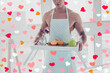 © deagreez - Cropped portrait of attractive handsome stunning man in apron prepare breakfast in bed for his lover holding tray with food and engagement ring in red box, concept 14 february and 8 march