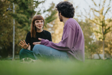 a young couple sits on the grass, enjoying a lively conversation in a park filled with sunlight and 