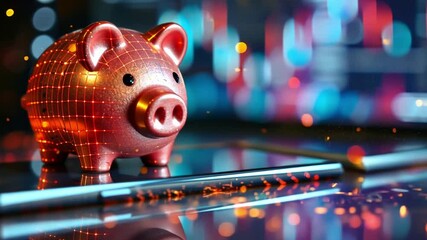 Poster - Innovative piggy bank with digital design and vibrant background in an abstract financial setting